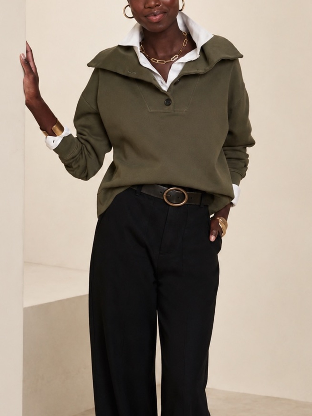 Banana Republic Olive Quarter Button Pullover Sweatshirt